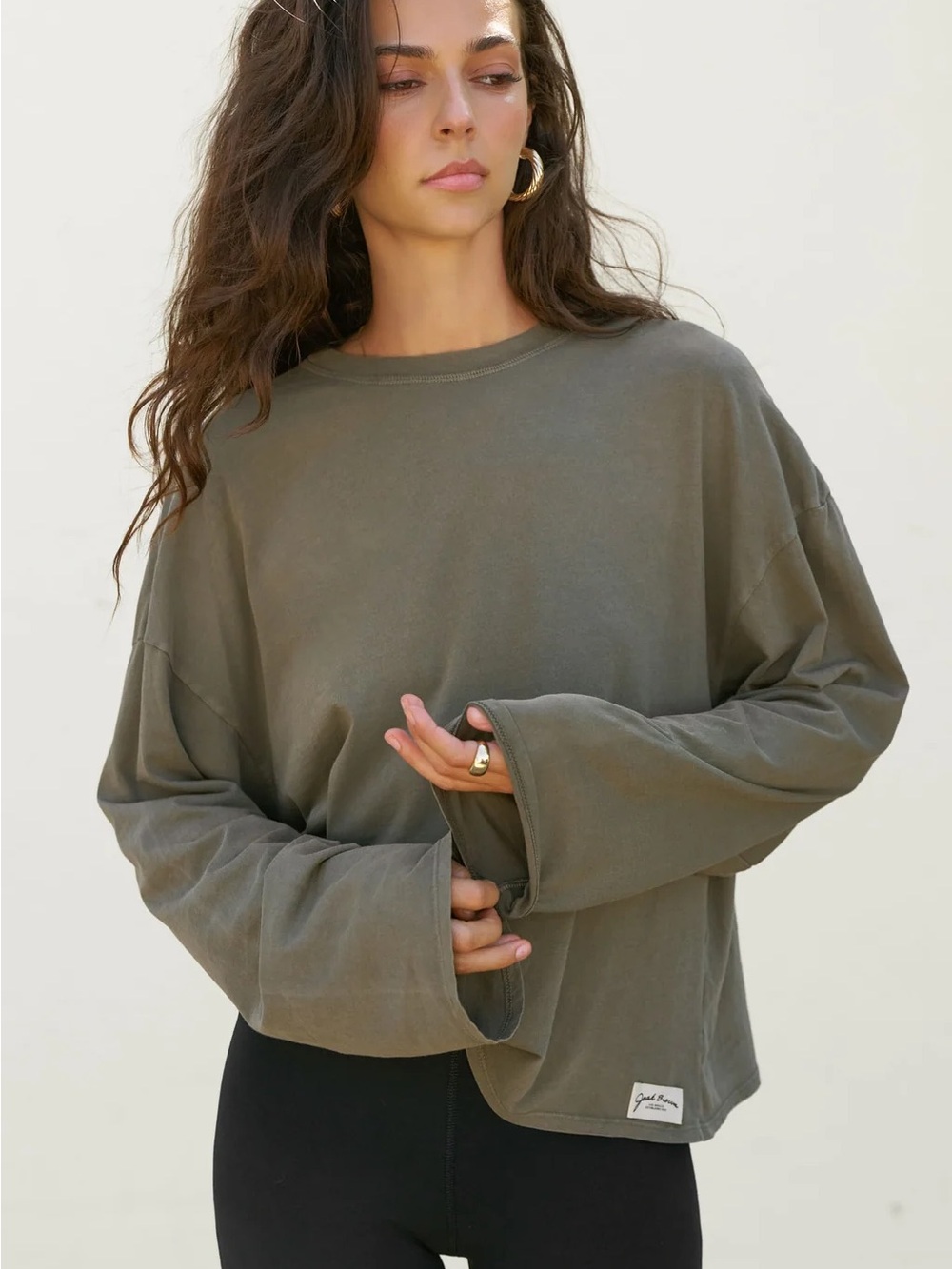 ♡ Joah Brown NWT Boxy Crew Long Sleeve Olive Classic Cotton